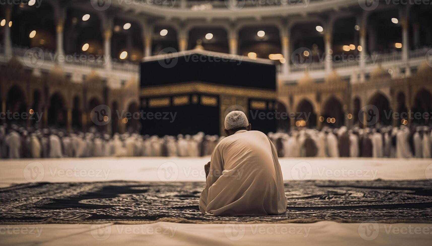 Praying men in Arabic style architecture, symbol of Middle Eastern culture generated by AI photo