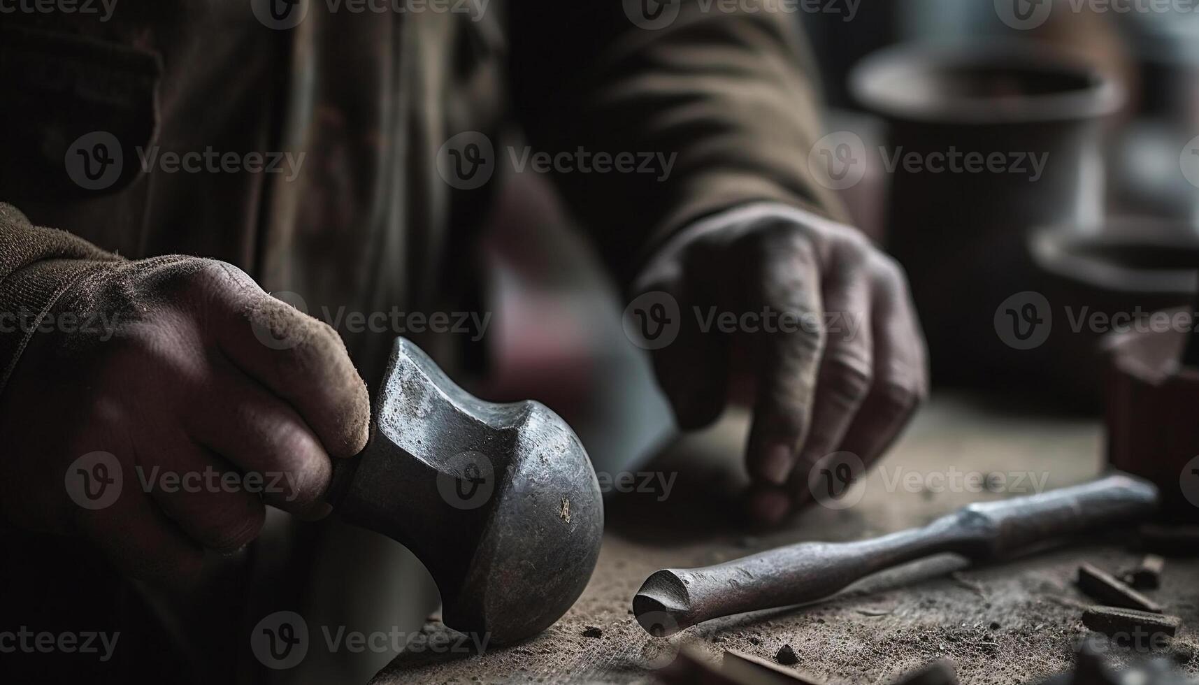 Caucasian carpenter holding steel wrench, making wooden table indoors generated by AI photo