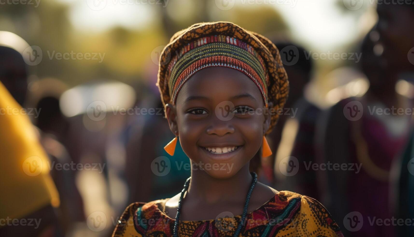 sonriente africano mujer y niño en tradicional ropa, disfrutando al aire libre generado por ai foto
