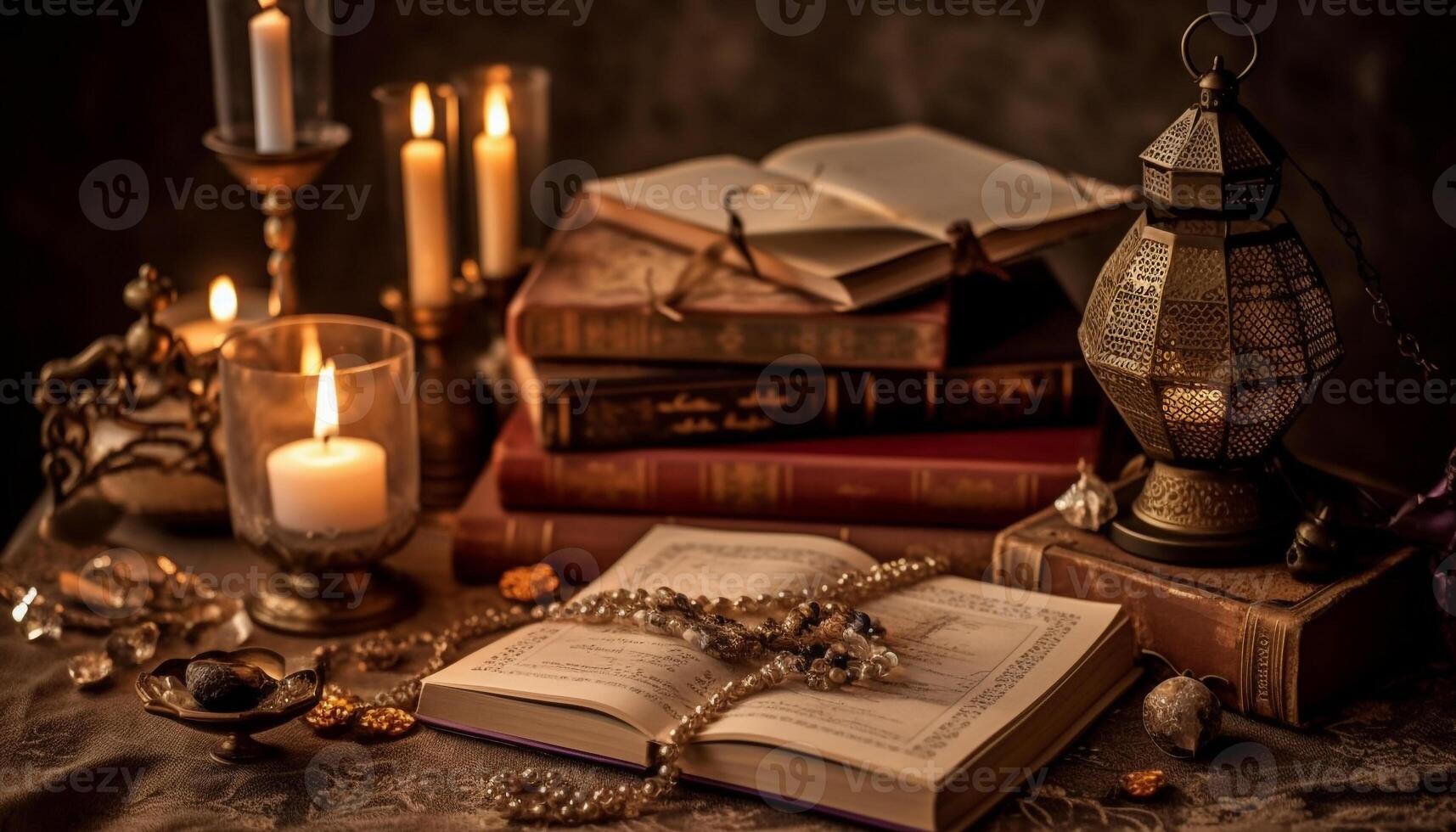 Reading religious text by candlelight, learning ancient wisdom and