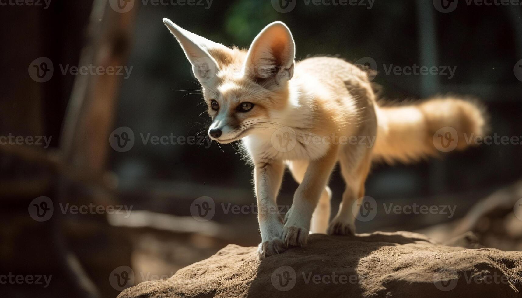 Fluffy red fox standing in grass, looking at camera generated by AI photo