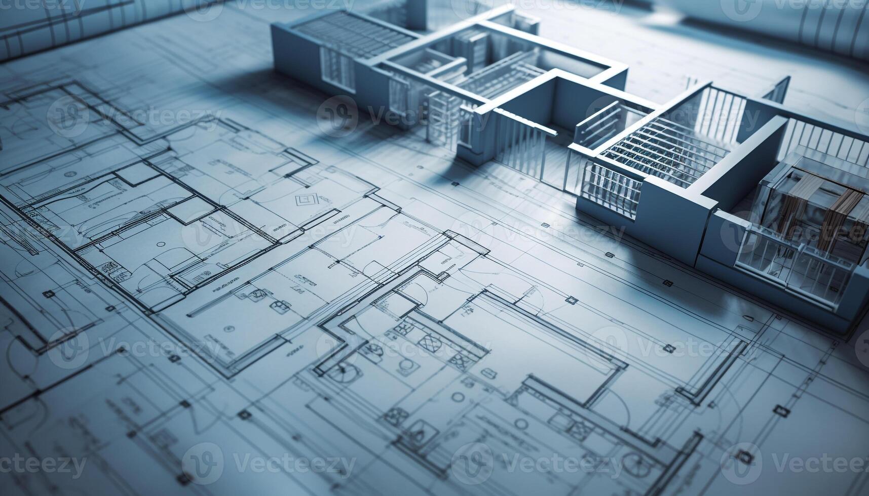 Blueprints outline modern housing project for residential building construction industry generated by AI photo