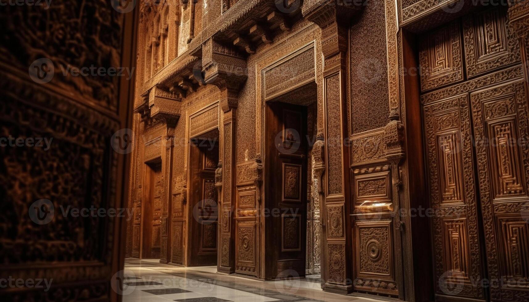 Ancient spirituality and elegance in an ornate East Asian library generated by AI photo