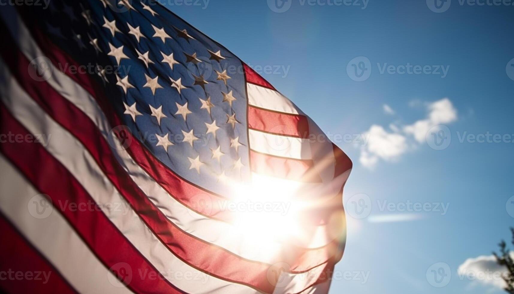 americano bandera ondulación en el viento, símbolo de patriotismo y libertad generado por ai foto