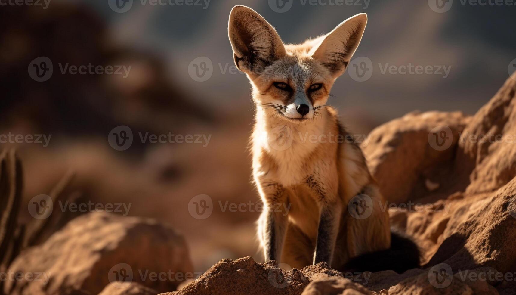 Red fox sitting in sand, looking at camera, alertness generated by AI photo