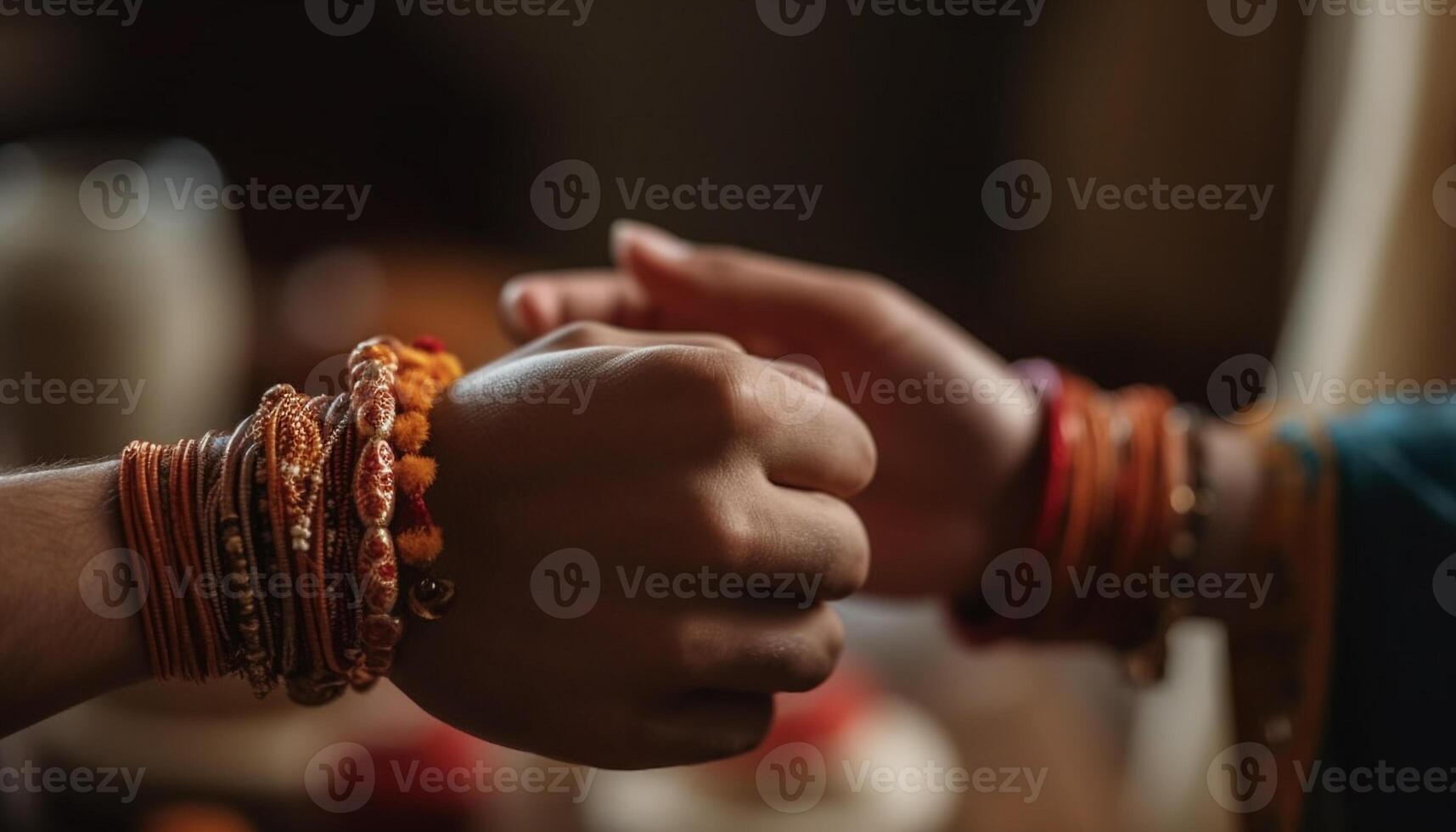 Indigenous couple bonding with beaded jewelry in spiritual celebration generated by AI photo