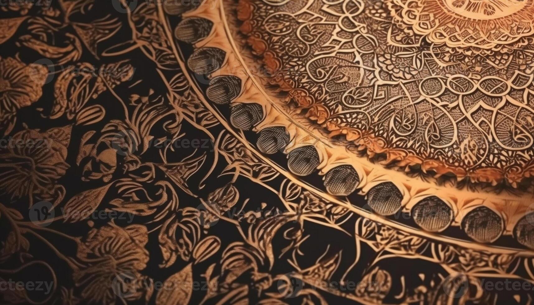 Ornate antique mandala tapestry with yellow floral pattern and embroidery generated by AI photo