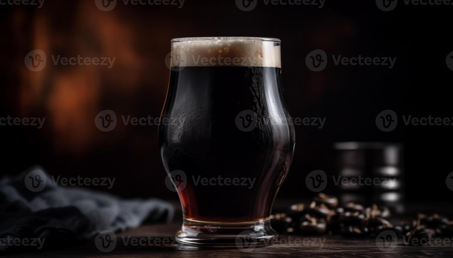 Foamy stout poured into pint glass on wooden bar counter generated by AI photo