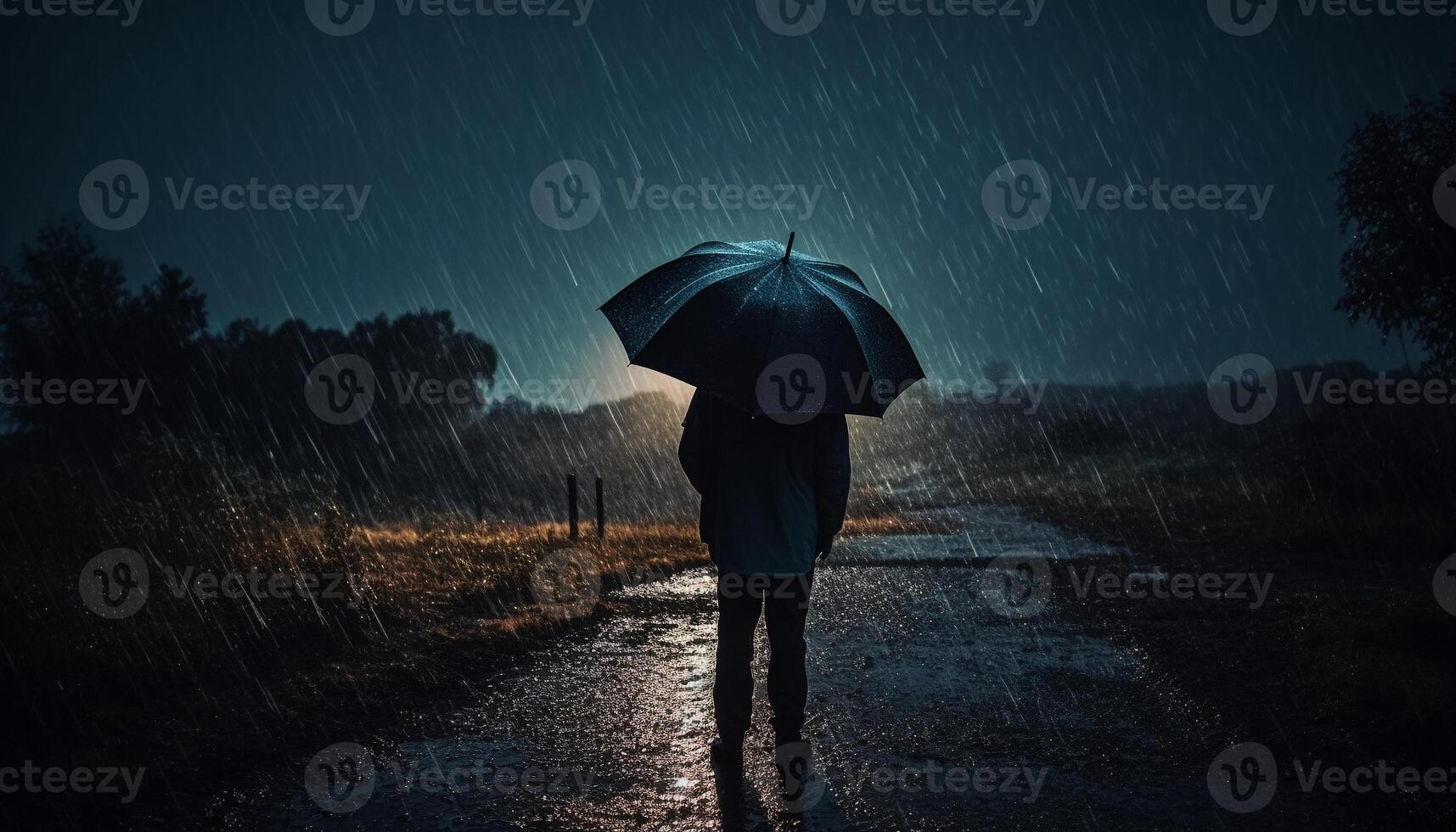 One person walking in the rain, sheltering under umbrella generated by AI photo