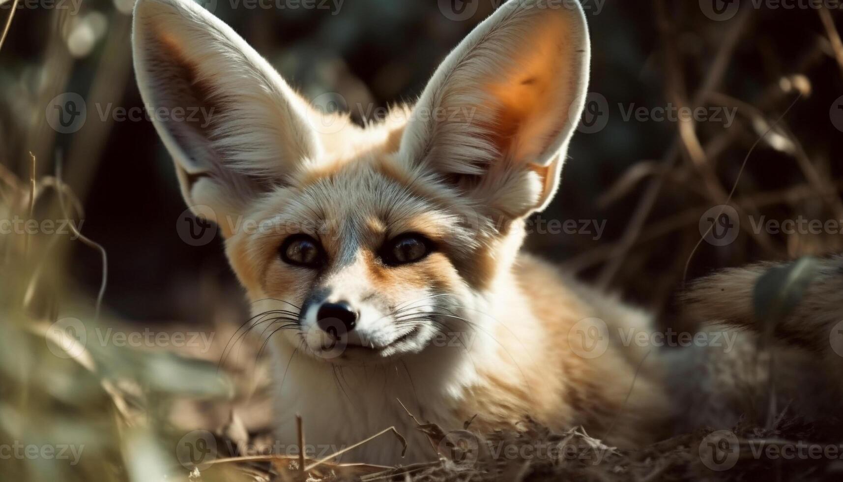 Fluffy red fox sitting in grass, looking at camera generated by AI photo