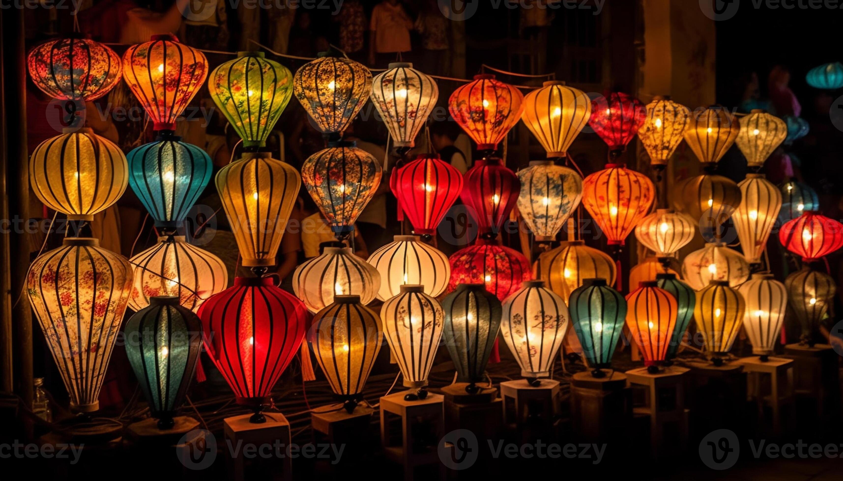 Rows Of Colorful Glowing Red Chinese Lanterns Stock Photo