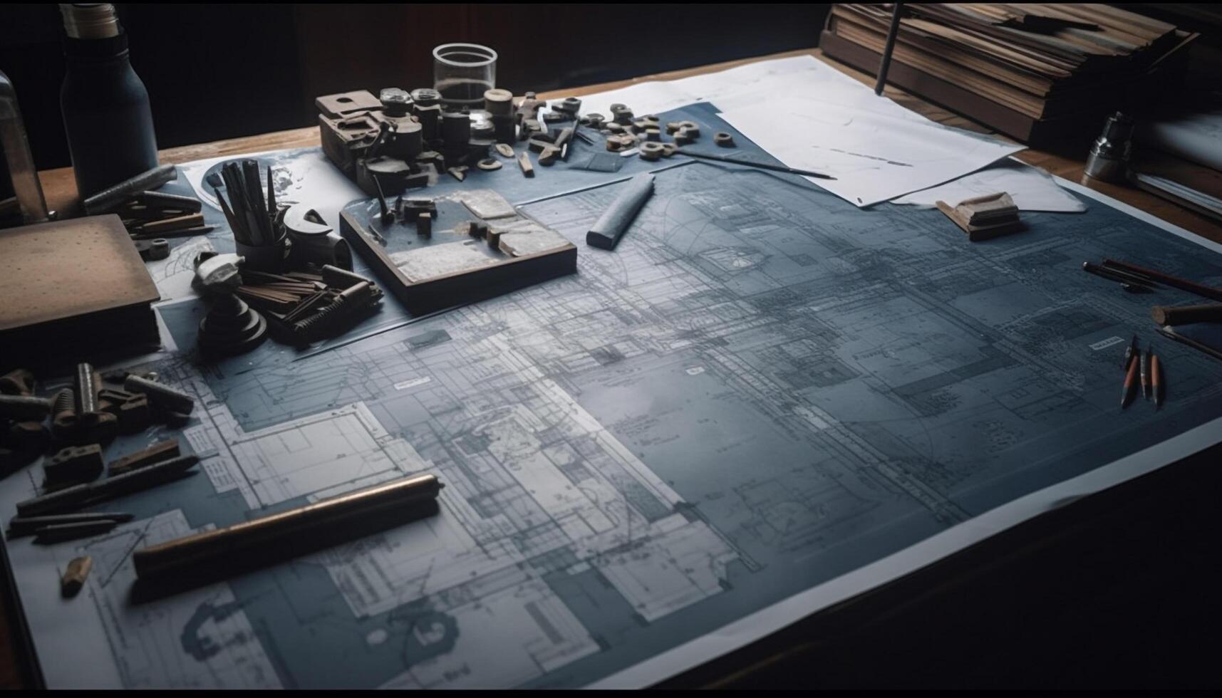Carpenter designing blueprint with pencil and measuring instrument indoors generated by AI photo