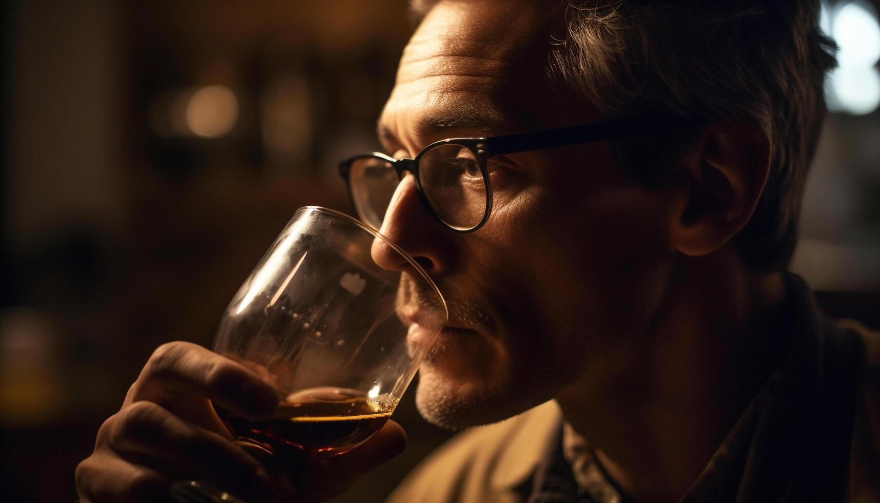 Caucasian man enjoys red wine at elegant bar, surrounded by loneliness generated by AI photo