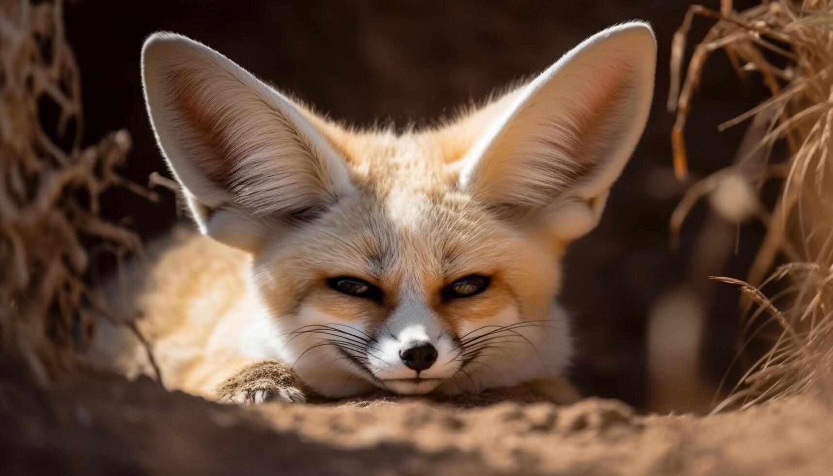 Fluffy kitten sitting in grass, looking at camera with alertness generated by AI photo