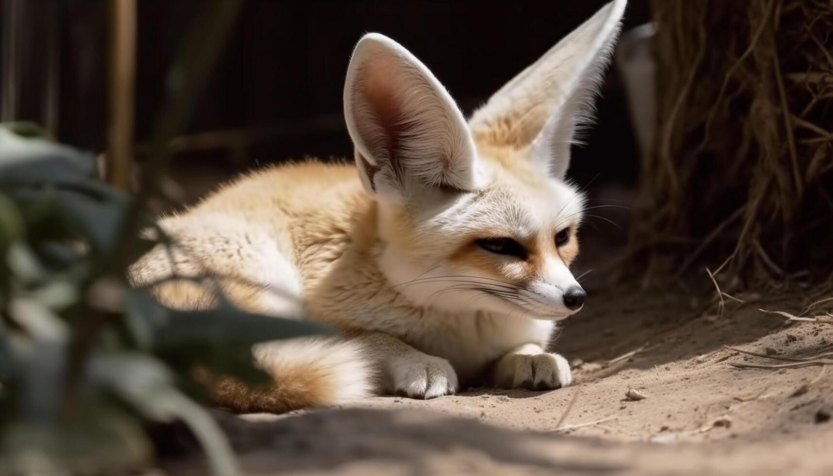 Fluffy red fox sitting in grass, looking at camera generated by AI photo