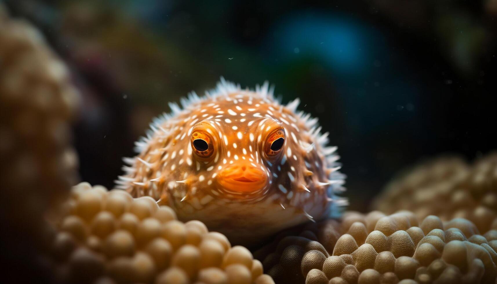 Cute yellow clown fish in close up, looking at camera generated by AI photo