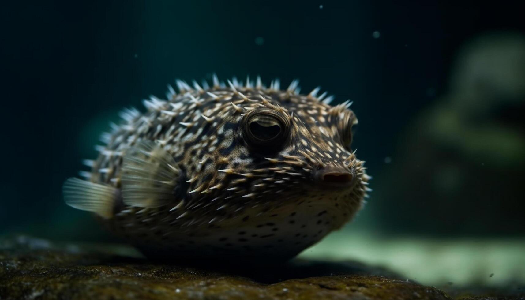 Cute balloonfish in multi colored coral reef, sharp underwater portrait generated by AI photo