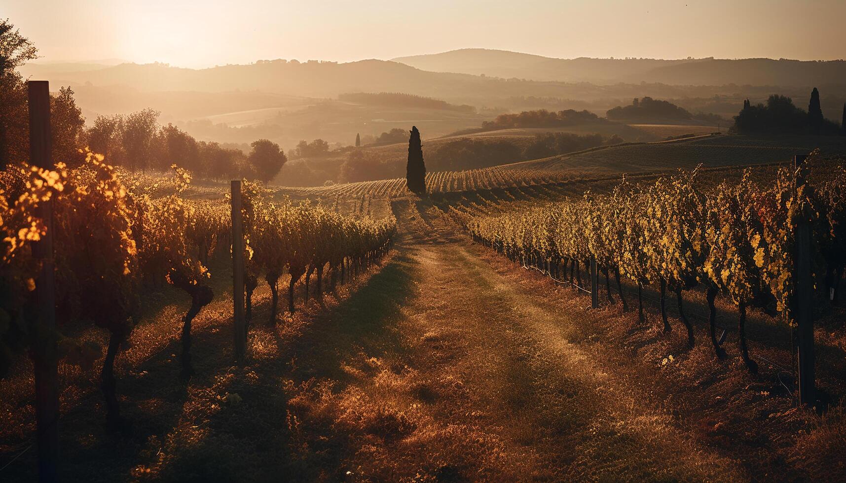 Sunset over vineyard in Chianti region, beauty in nature winemaking generated by AI photo