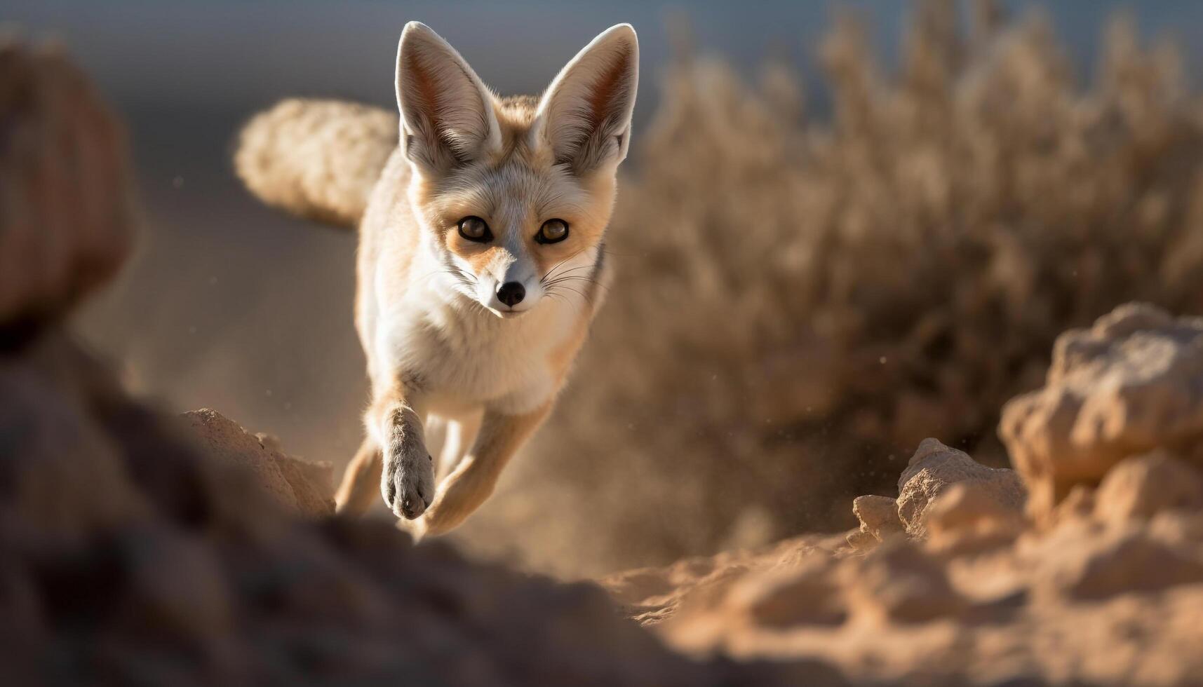 Fluffy red fox running on sand, looking at sunset generated by AI photo