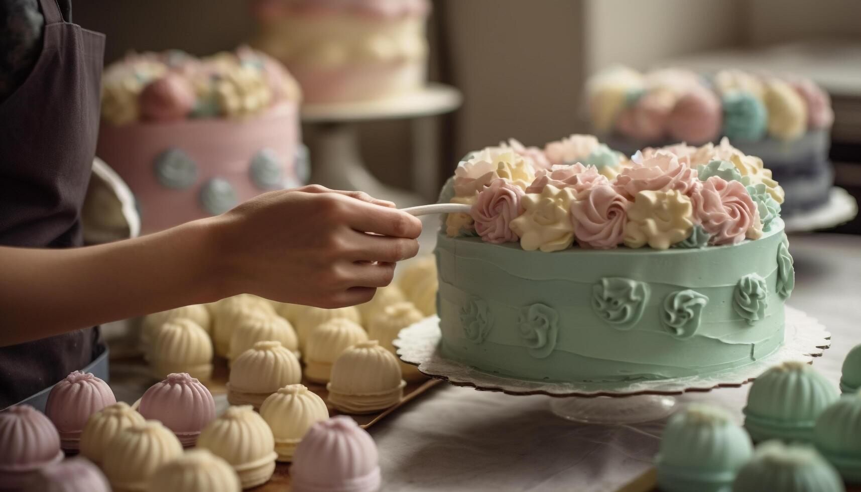 Homemade gourmet cupcakes with pink icing and multi colored decorations generated by AI photo