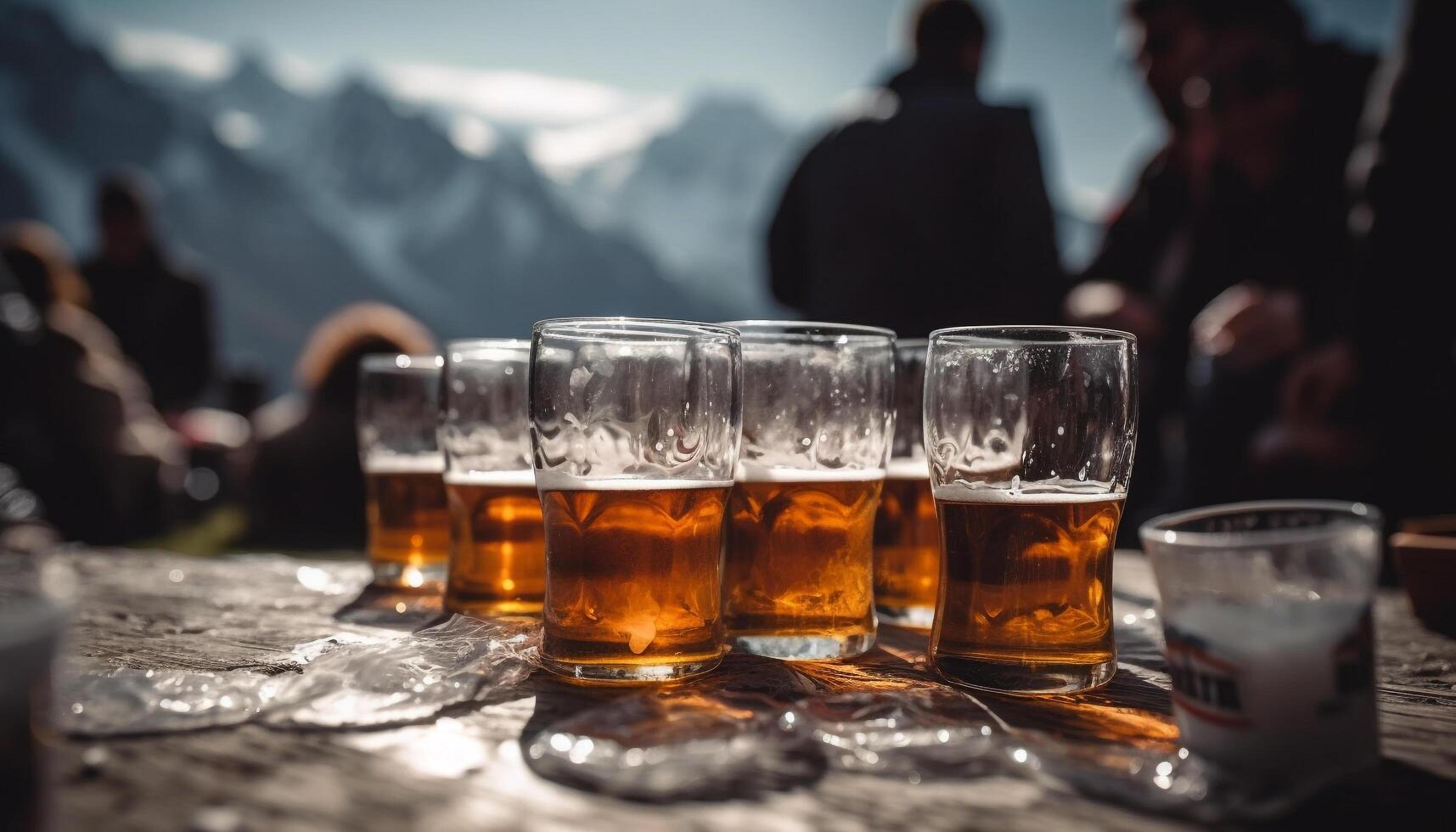 Men drinking beer outdoors at a bar in Bavaria generated by AI photo