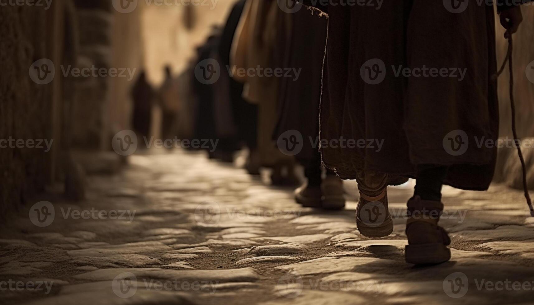 Walking men outdoors in traditional clothing, one person unrecognizable generated by AI photo