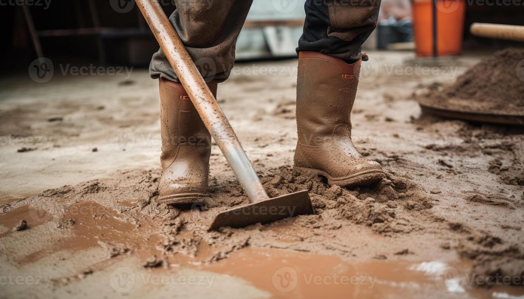 Dirty men digging mud with shovels, working outdoors in construction generated by AI photo