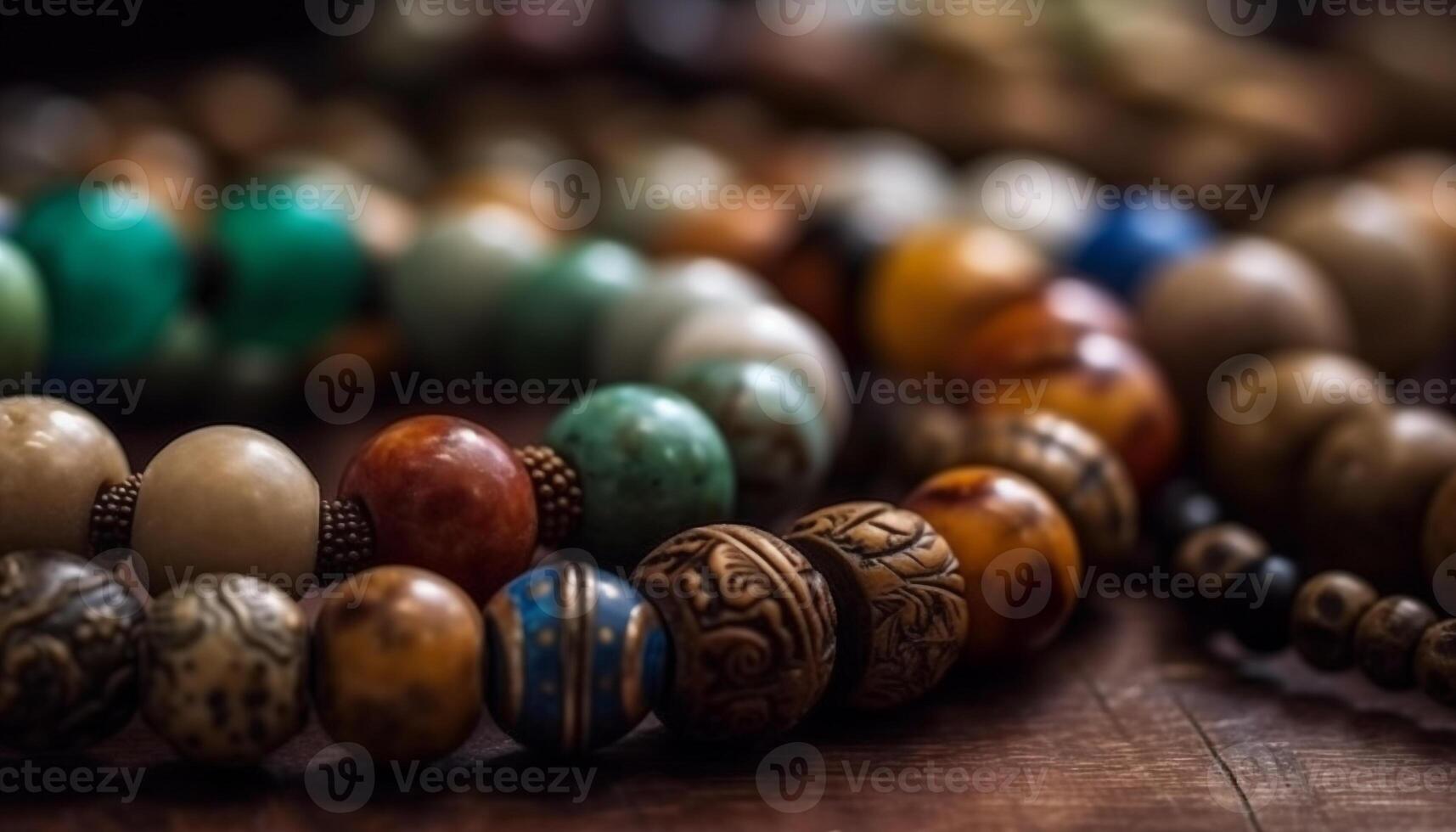 Multi colored gemstone necklace and bracelet collection on wooden background generated by AI photo