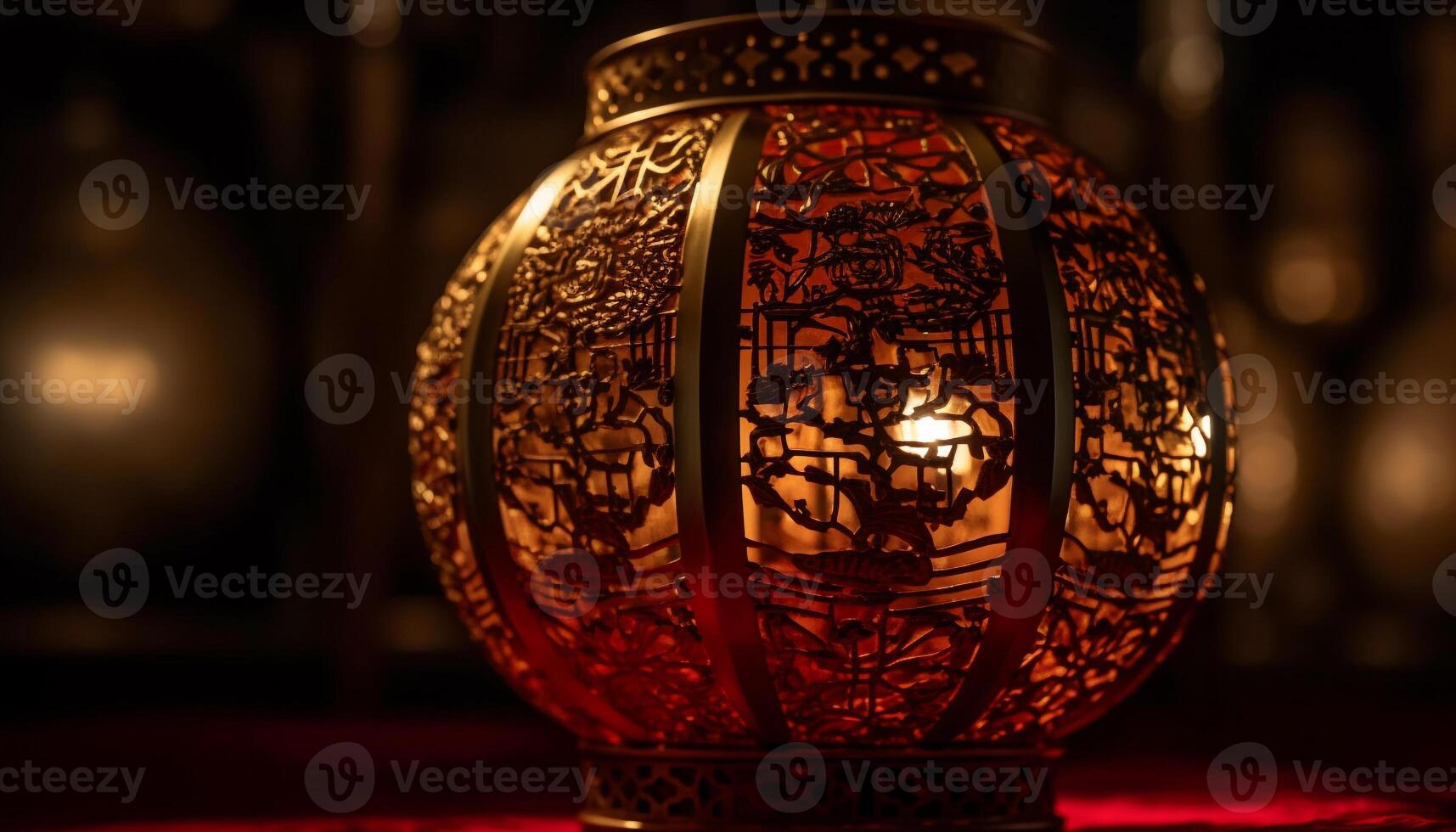 Antique lantern glowing with ornate glass, a shiny decoration generated by AI photo