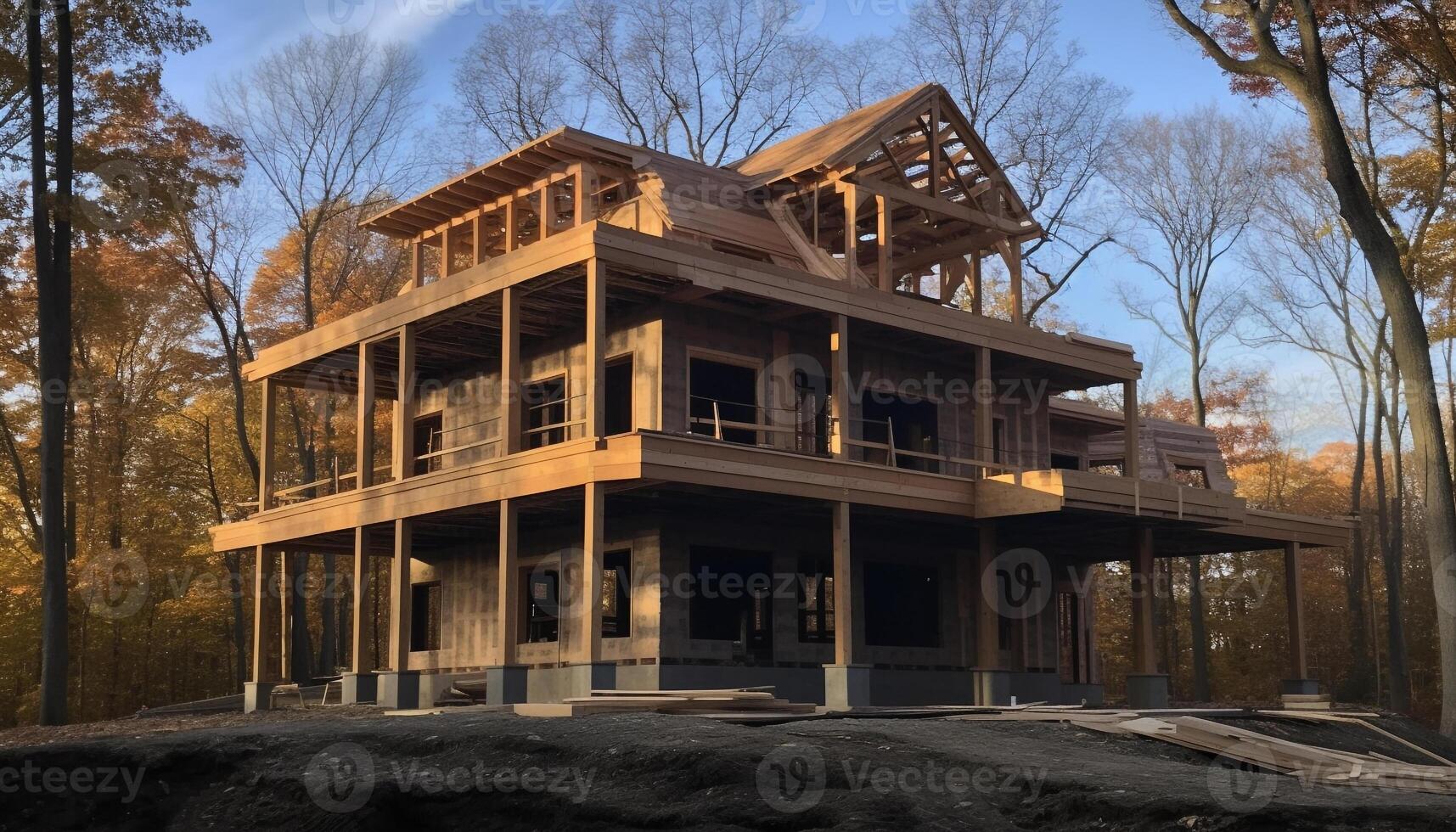 Modern yellow home built with timber from surrounding forest generated by AI photo