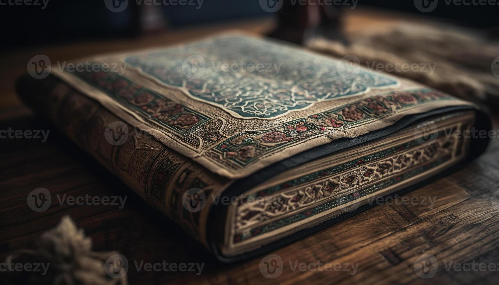 Antique book cover with Arabic script, a symbol of spirituality generated by AI photo