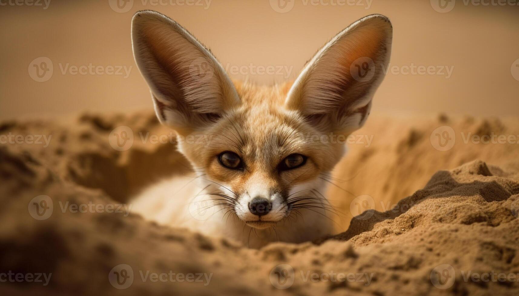 Fluffy mammal ear in sunlight, looking at camera, alertness generated by AI photo