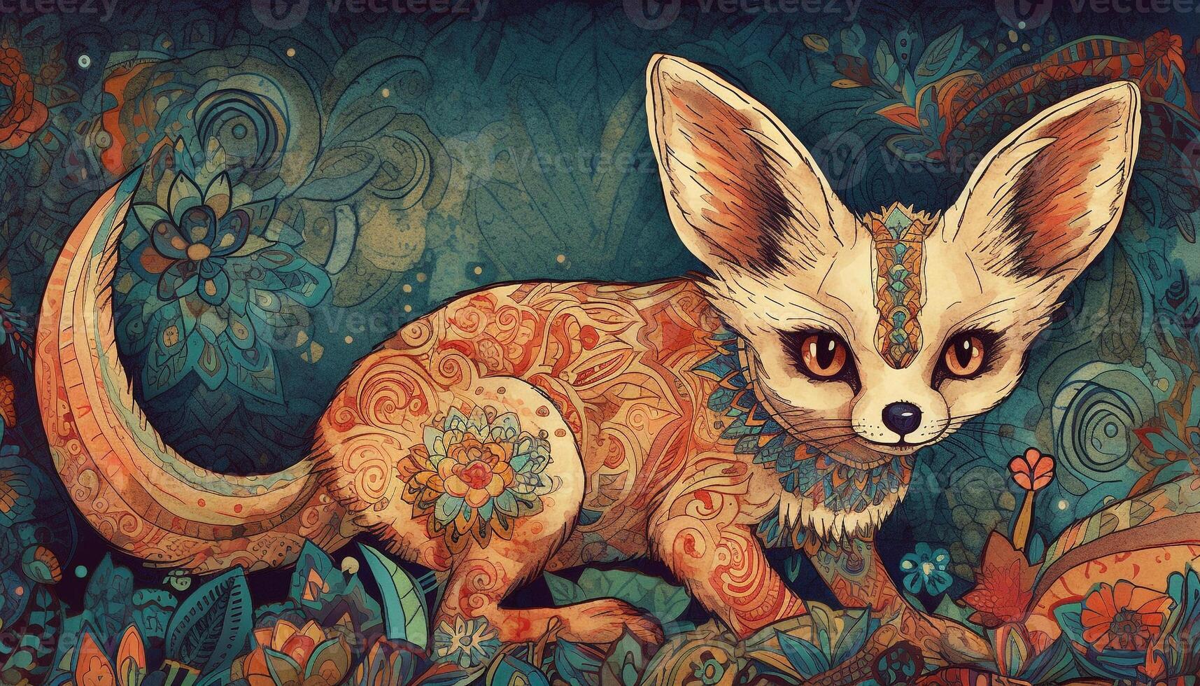 Cute rabbit with ornate flower pattern on grunge backdrop generated by AI photo