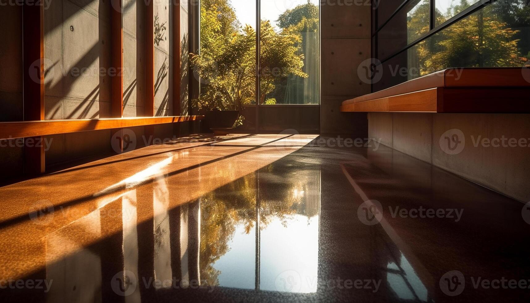 moderno Doméstico habitación con brillante luz de sol refleja naturaleza tranquilo escena generado por ai foto