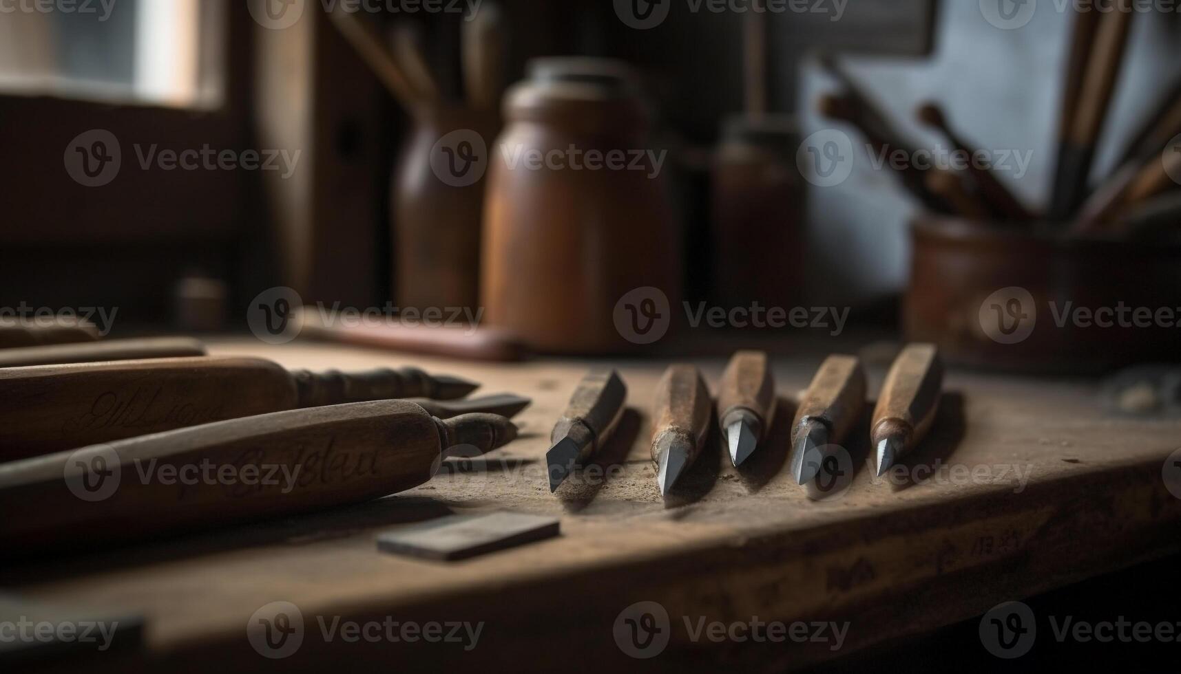 Carpenter workshop crafting wood with old fashioned hand tools generated by AI photo