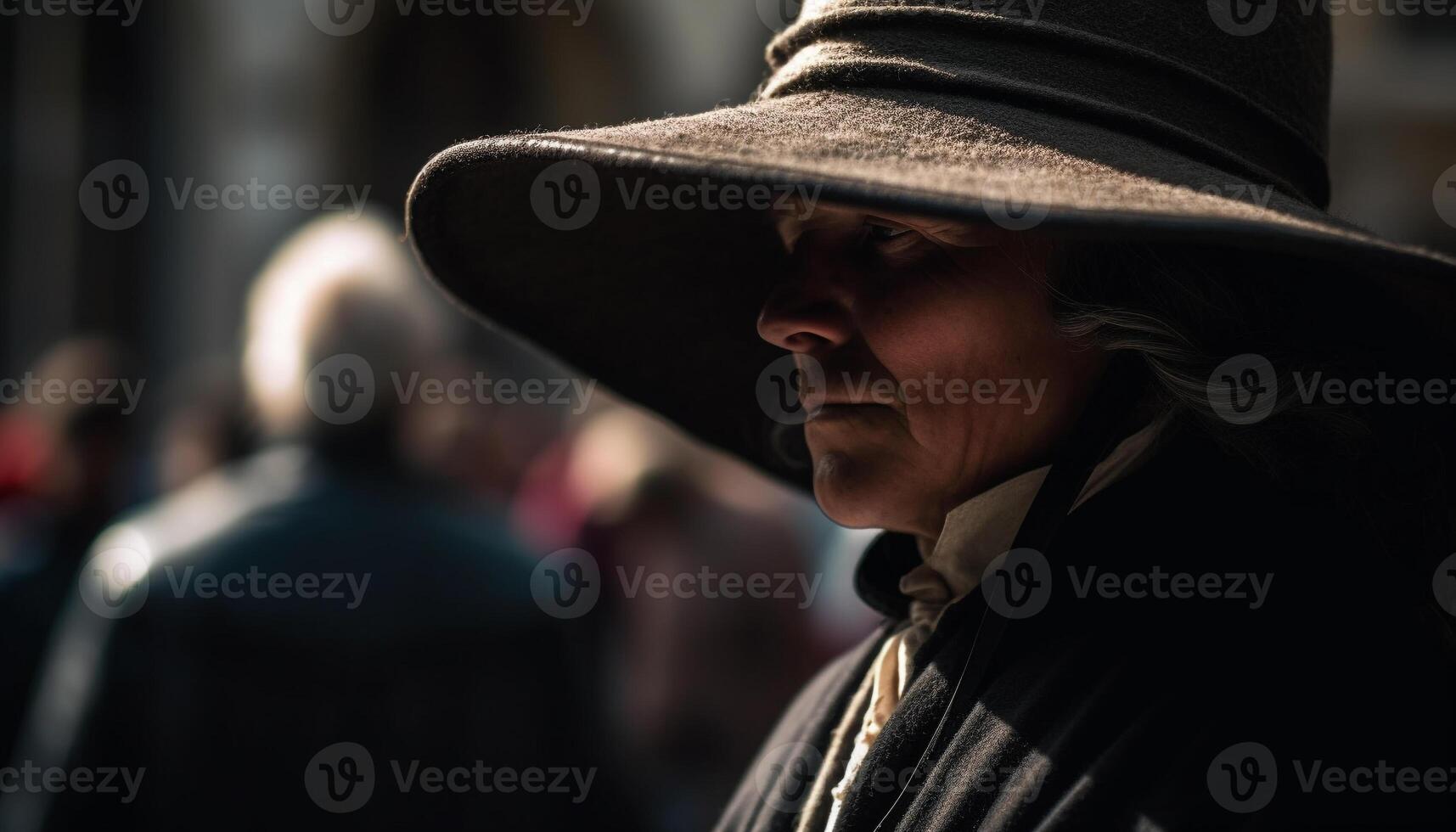 Lonely man in fedora walking through city in black and white generated by AI photo