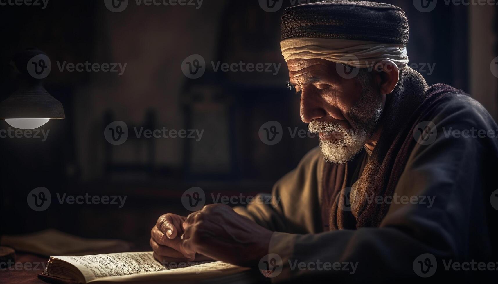 Senior man reading Bible, meditating on spirituality and religion generated by AI photo