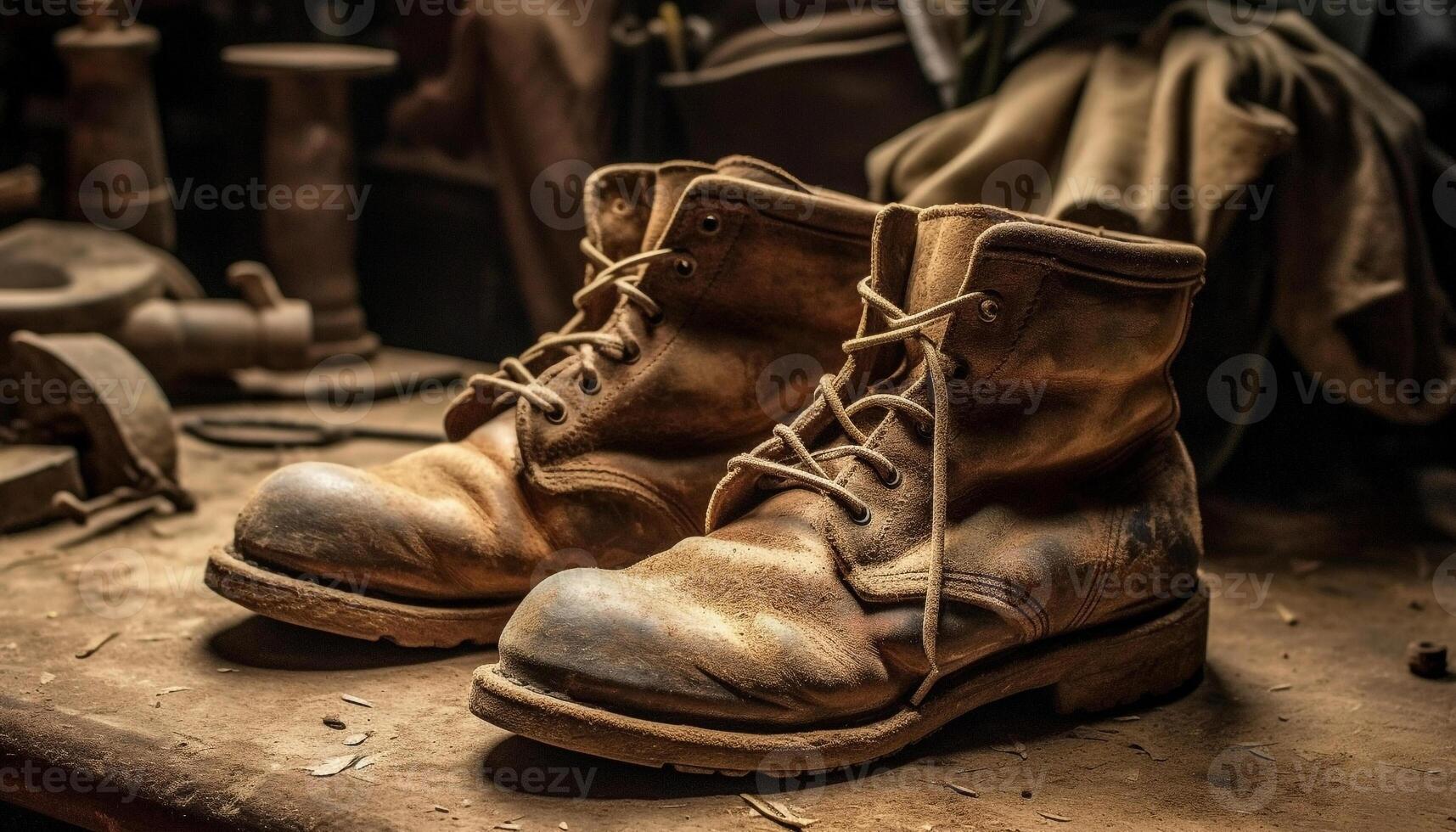 Old leather work boots, worn by men in the construction industry generated by AI photo