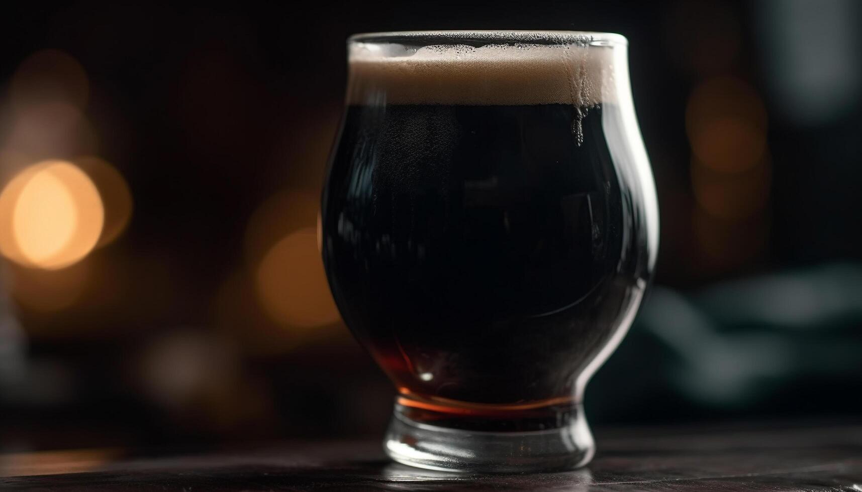 Frothy beer in pint glass on wooden bar counter at pub generated by AI photo