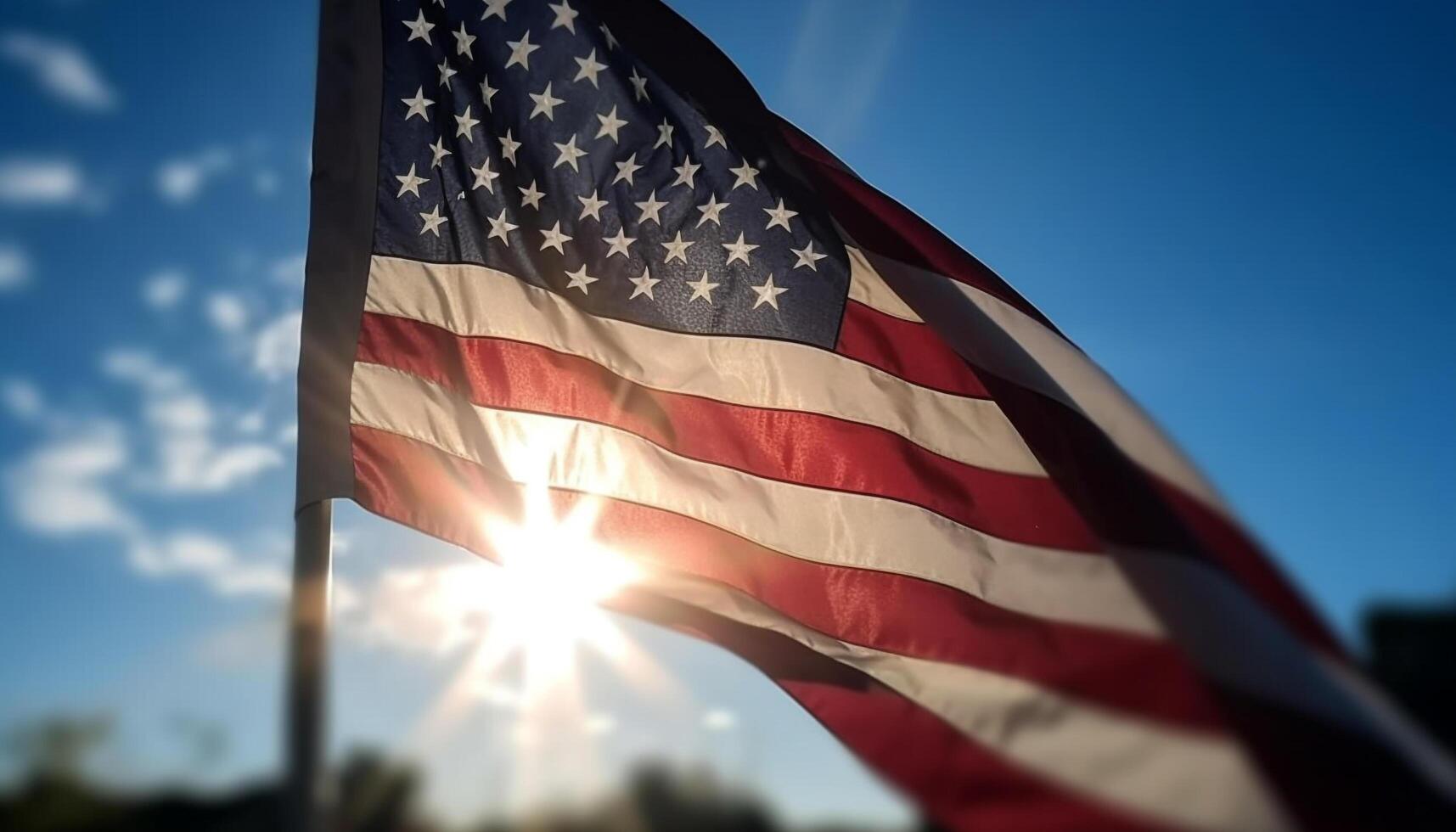 American flag waving in sunlight, symbol of freedom and pride generated by AI photo