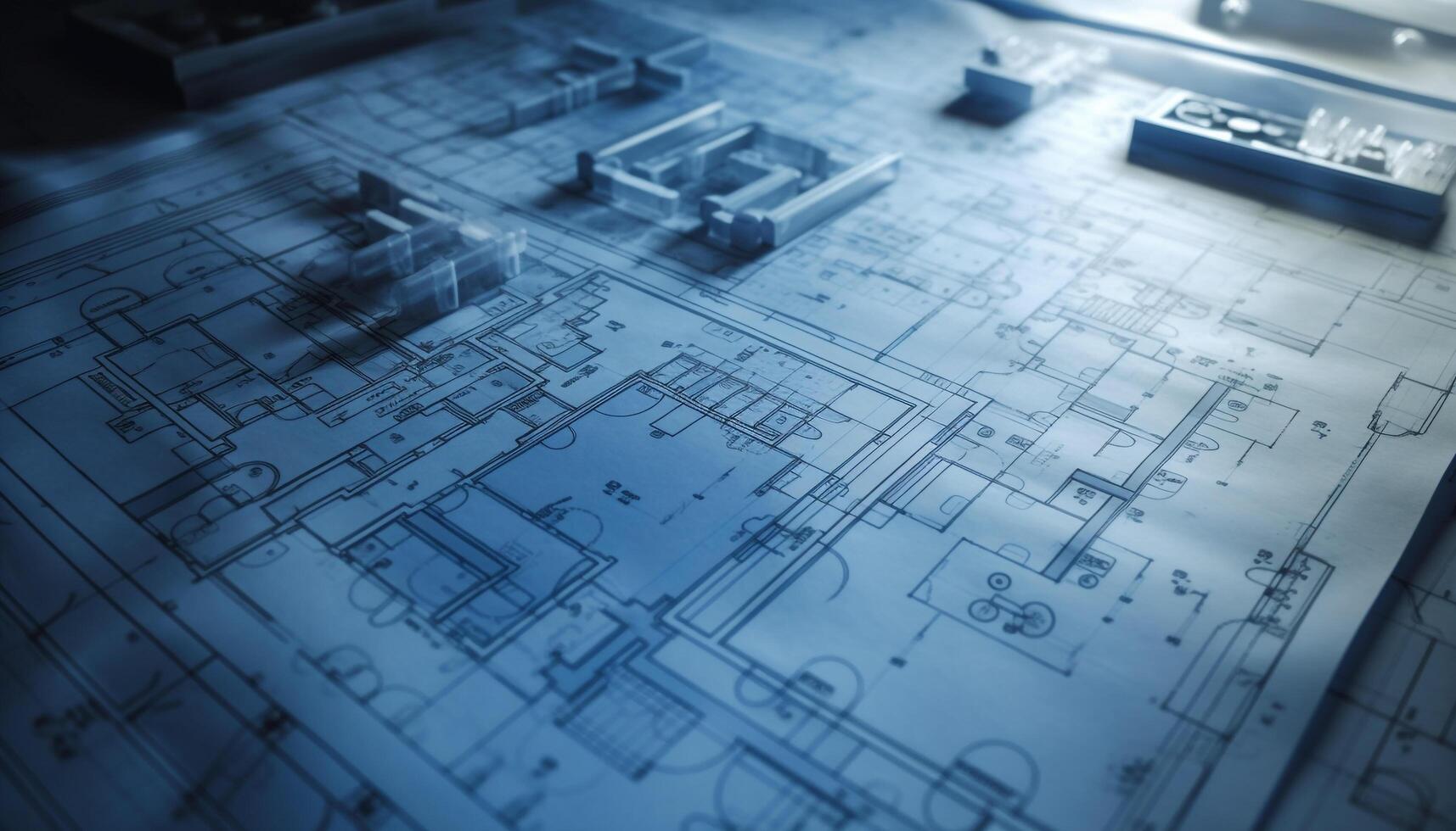 Blueprints and plans for modern home addition, focus on foreground generated by AI photo