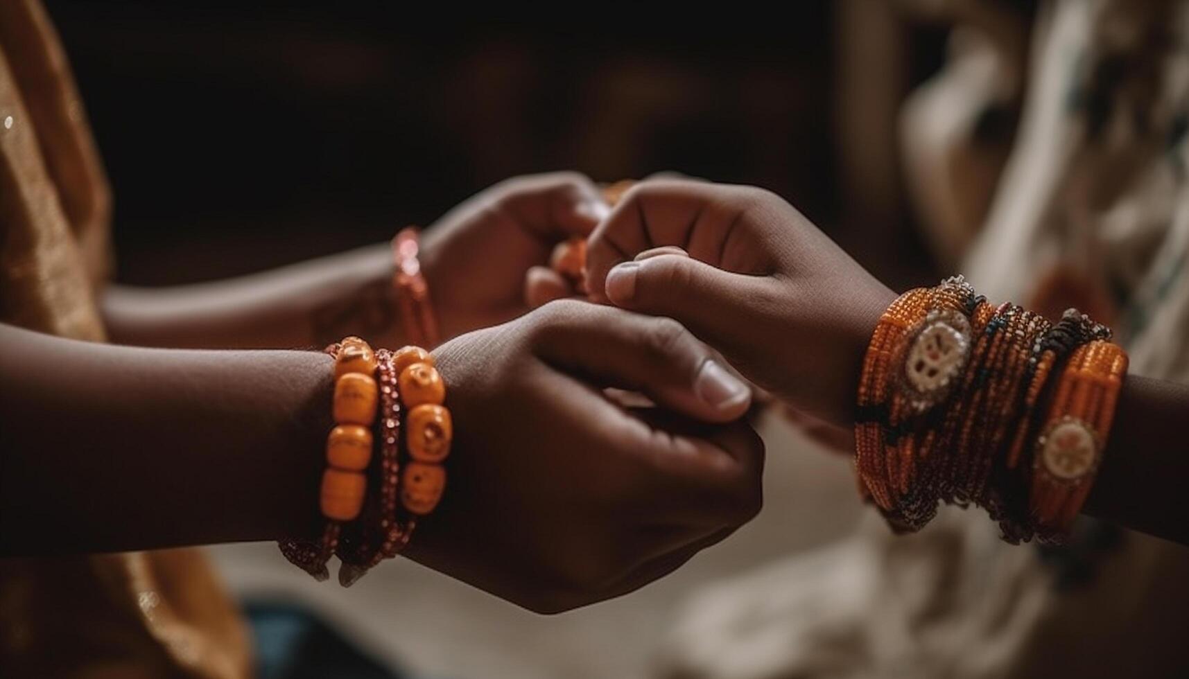 Young adults holding hands, bonding with bracelets, smiling in togetherness generated by AI photo