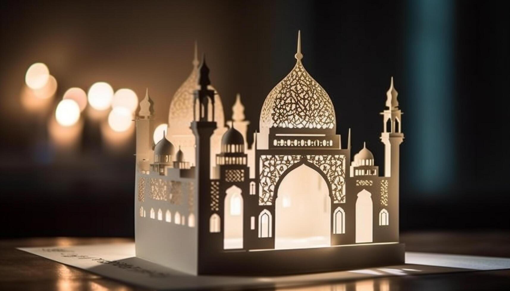Ramadán noche espiritualidad iluminado por minaretes en Arábica estilo arquitectura generado por ai foto