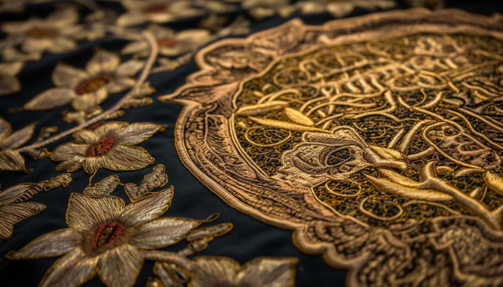 Ornate gold colored tapestry with ancient floral pattern symbolizes indigenous culture generated by AI photo