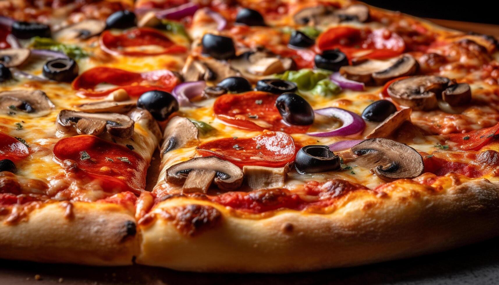 Freshly baked pizza slice with mozzarella, tomato, and vegetables generated by AI photo