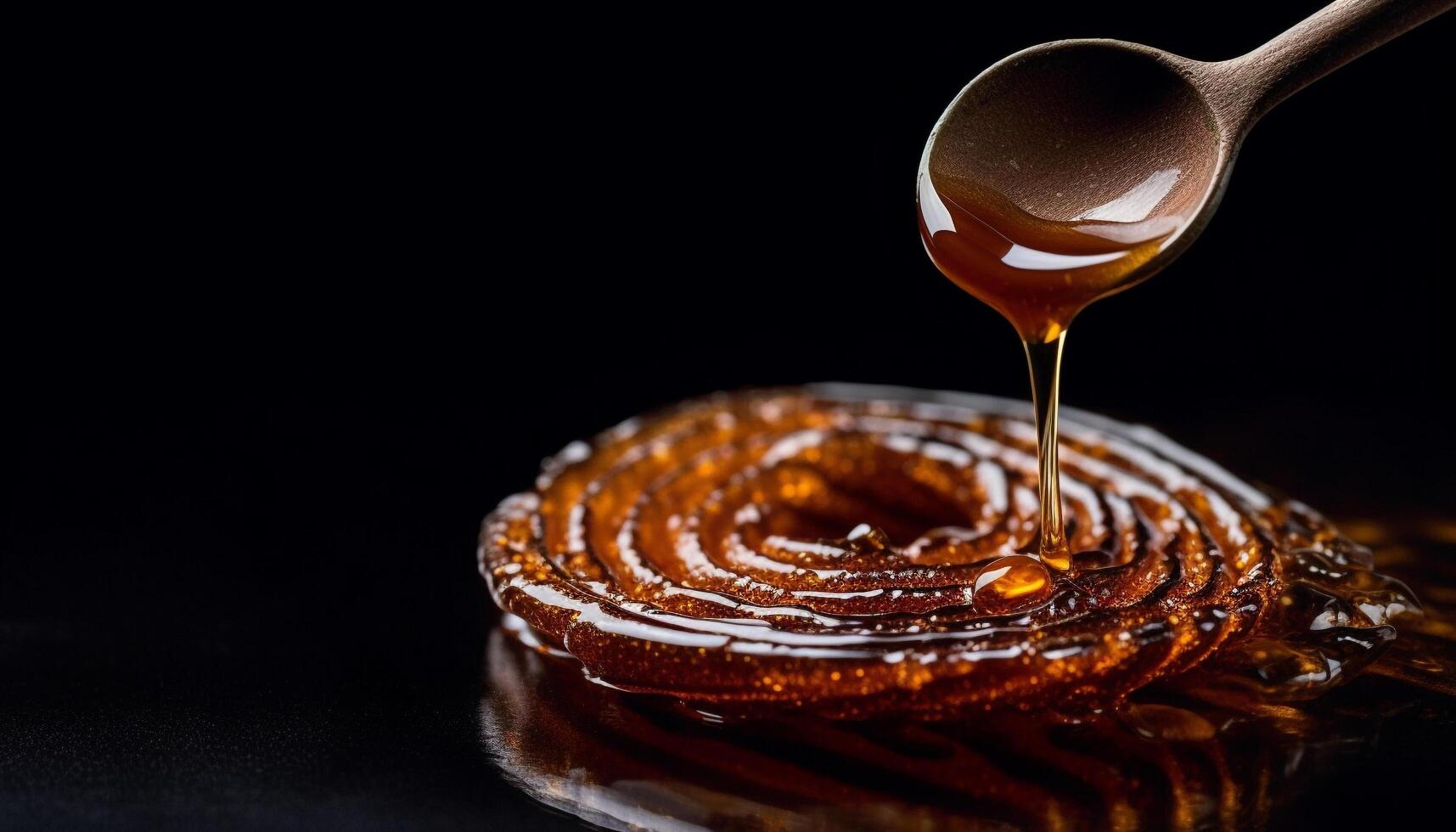 Golden syrup pouring over homemade caramel dessert photo