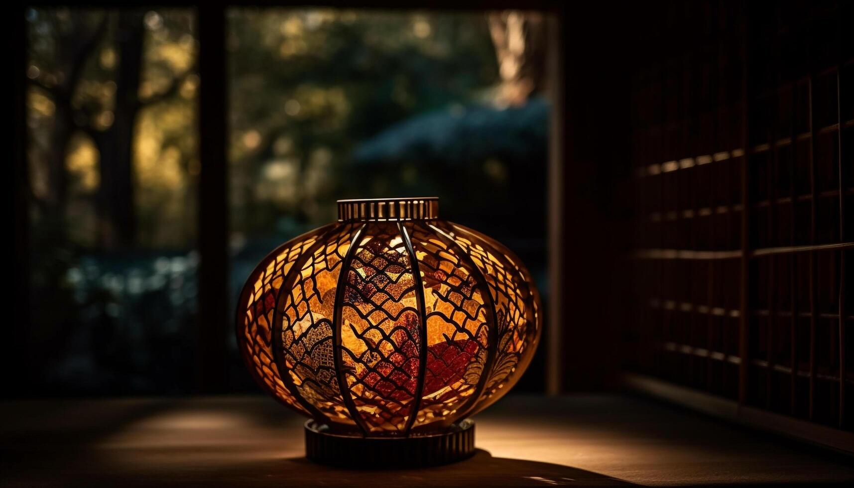Illuminated lantern, old fashioned design, rustic wood, glowing yellow light generated by AI photo