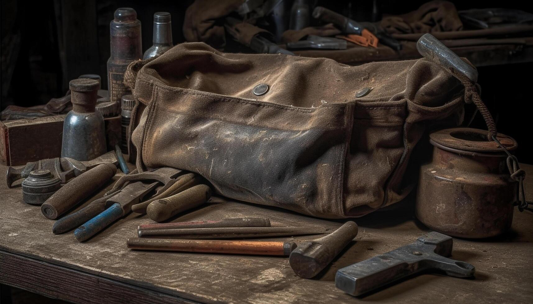 Craftsperson repairing old fashioned leather shoe with rusty tools indoors generated by AI photo