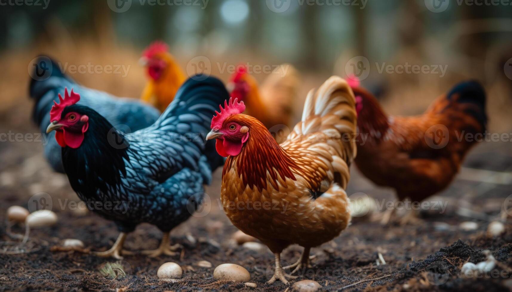 Free range chickens pecking in green meadow generative AI photo