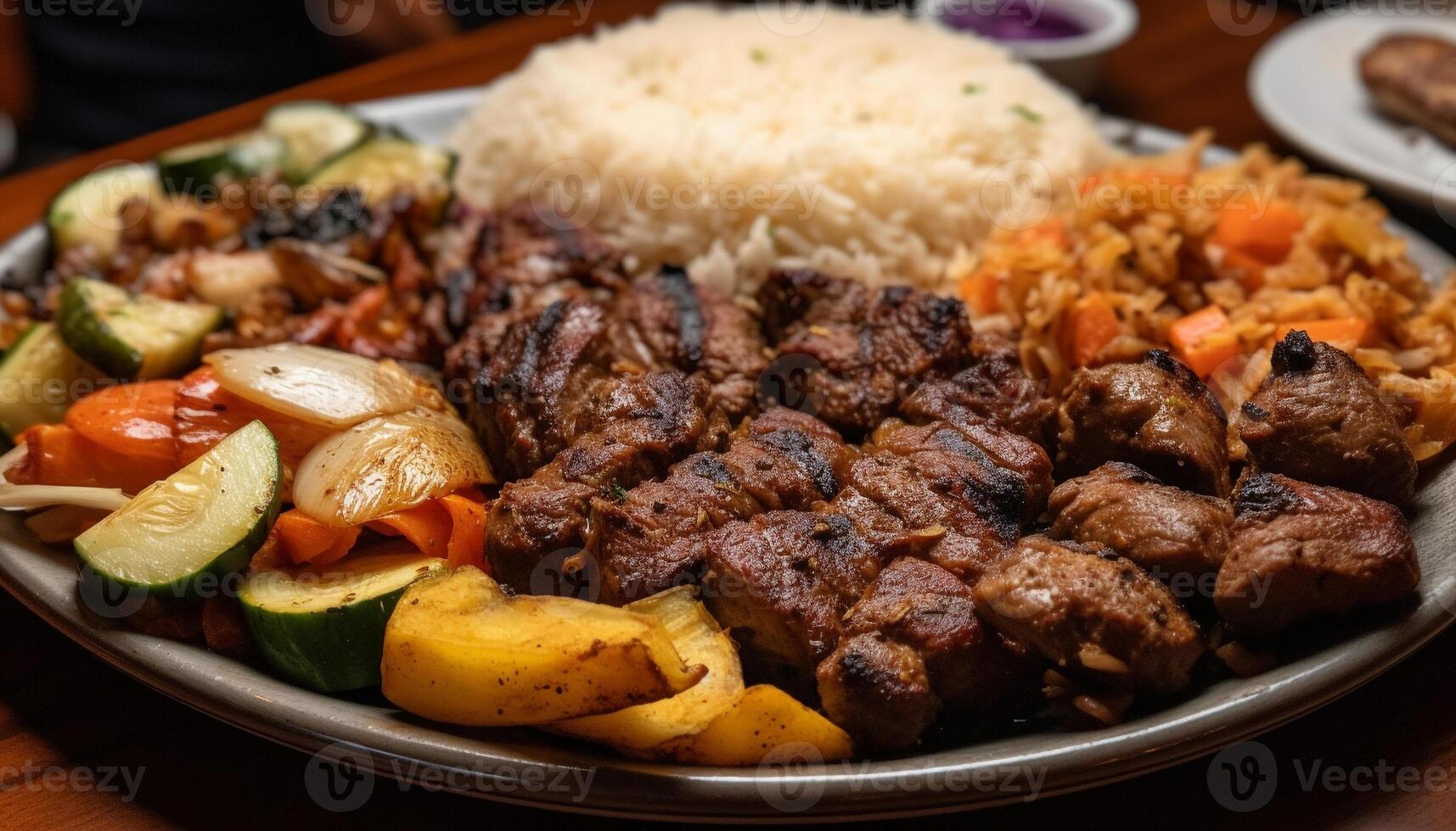 A la parrilla carne y vegetales en un plato generativo ai foto